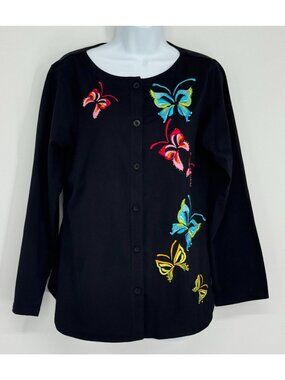 Vintage Michael Simon Butterfly Embroidered Cardigan Jacket Medium M Black Cotto